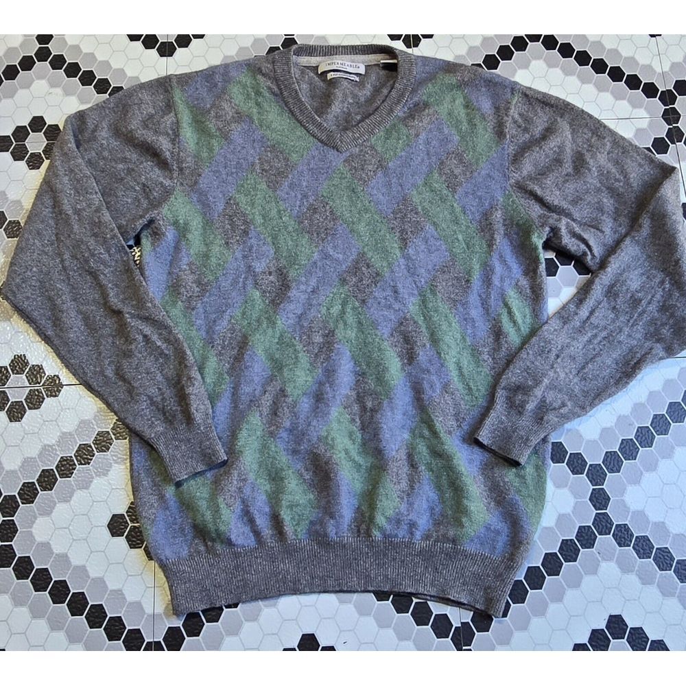 IMPERMEABLE Platinum Mens Sweater 100% 2-Ply Cashmere Pullover Argyle Sweater